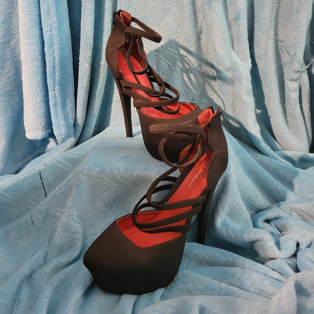 Shoe Republic LA black strappy platform heels